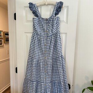 SHABBY CHIC Blue Gingham 100% Cotton Boho Prairie Smocked Tiered Maxi Dress Sz 2
